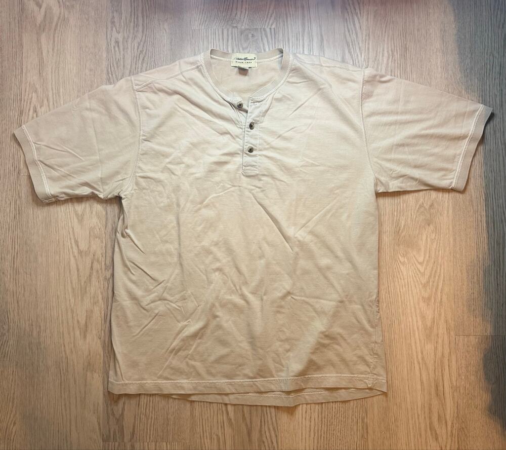 Eddie Bauer Men’s Short‑Sleeve Henley T‑Shirt – Beige – Size L – 100% Cotton
